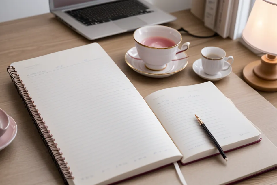 Primer plano de una mano escribiendo notas de desarrollo profesional para hablar en público en una libreta de papel